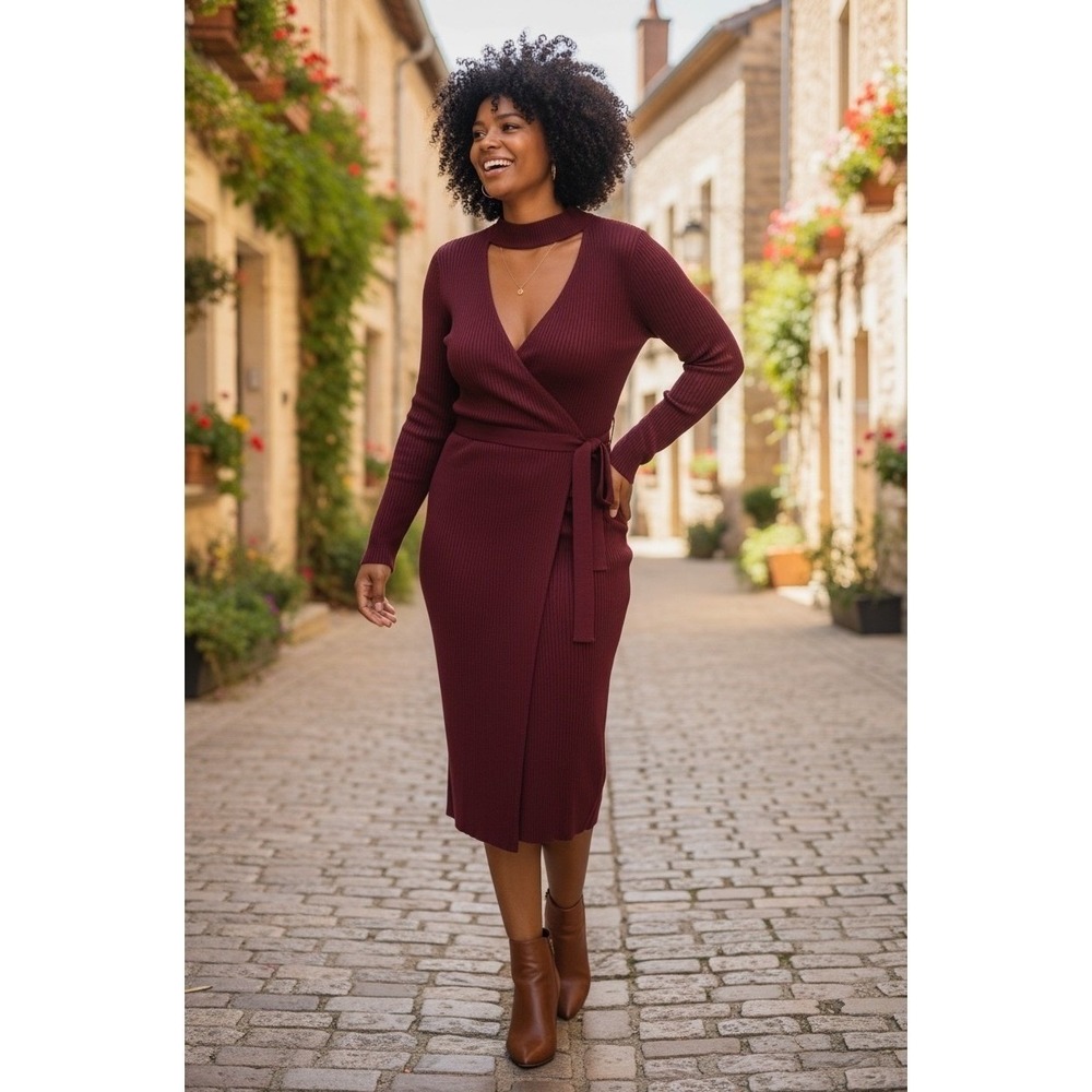 ✨Questions Ribbed‎ Knit Wrap Midi Dress Burgundy Mock Neck Long Sleeve Sz 2X #